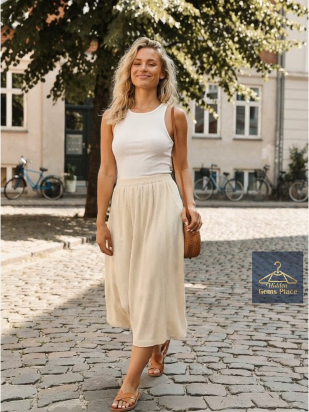 Flowy Linen Midi Skirt with Pockets High Waist A-Line Summer - Picture 7 of 7